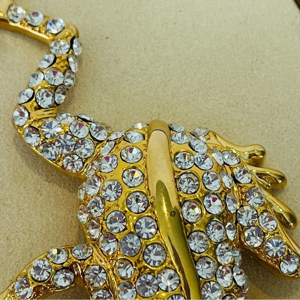 Gold and Crystal Leaping Frog With Emerald Green Eyes Brooch
